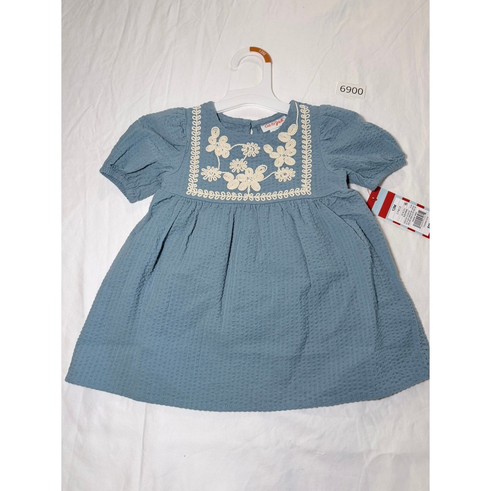 Cat & Jack Baby Girls Blue Seersucker Embroidered Dress Set 12M NWT